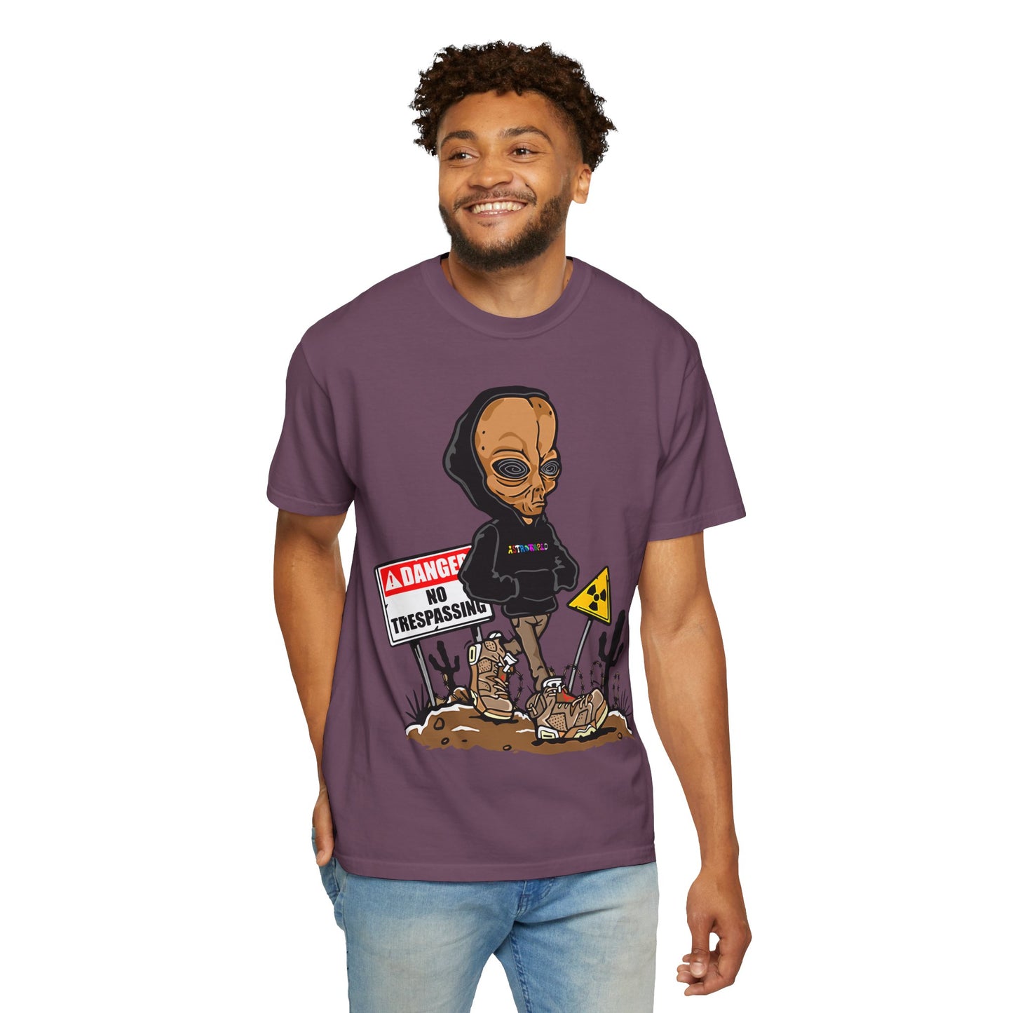 Alien Hooded T-Shirt — "No Trespassing" Desert Graphic