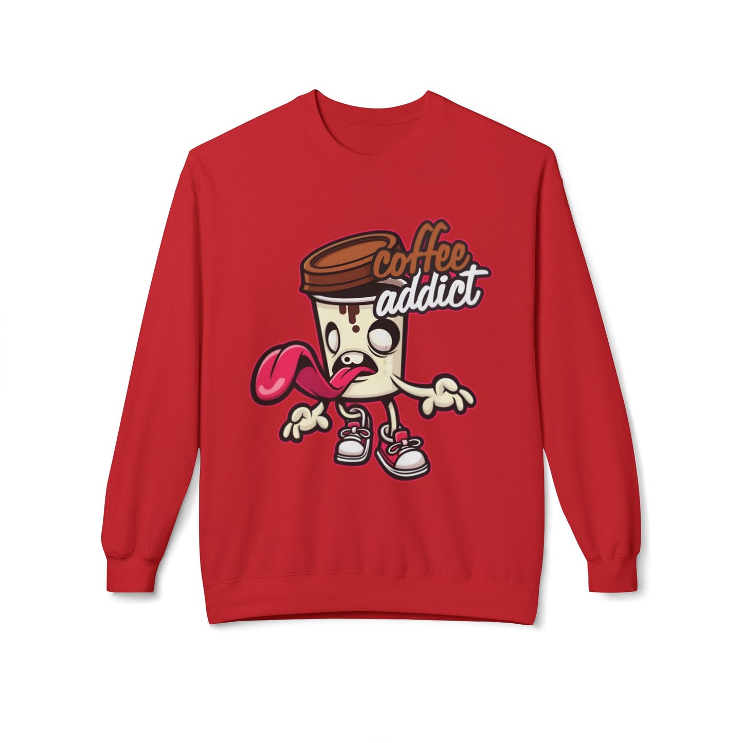 Coffee Addict Crewneck Sweatshirt — Cute Cartoon Coffee Cup Graphic
