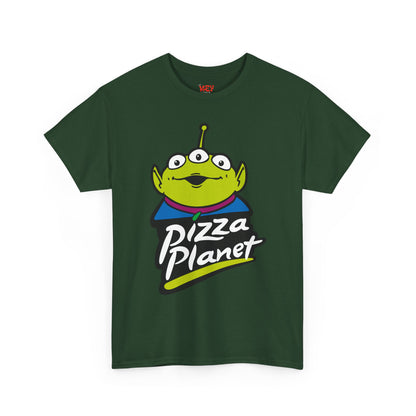 Pizza Planet Alien Graphic Tee — Retro Cartoon Pizza Logo T-Shirt