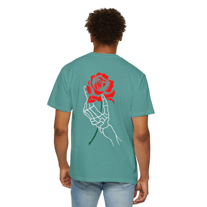 Skeleton Hand Holding Red Rose Graphic Tee