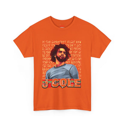 J Cole Graphic Tee — Retro Portrait with 'J-Cole' Text
