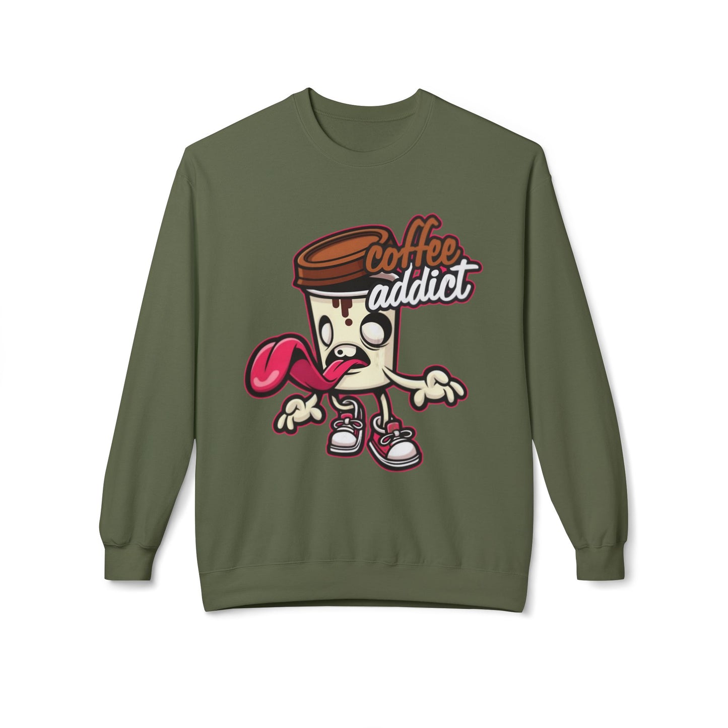 Coffee Addict Crewneck Sweatshirt — Cute Cartoon Coffee Cup Graphic
