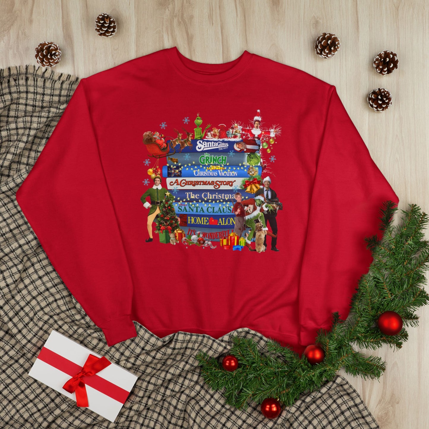 Christmas Movie Stack Crewneck Sweatshirt — Holiday Classics Sign Design