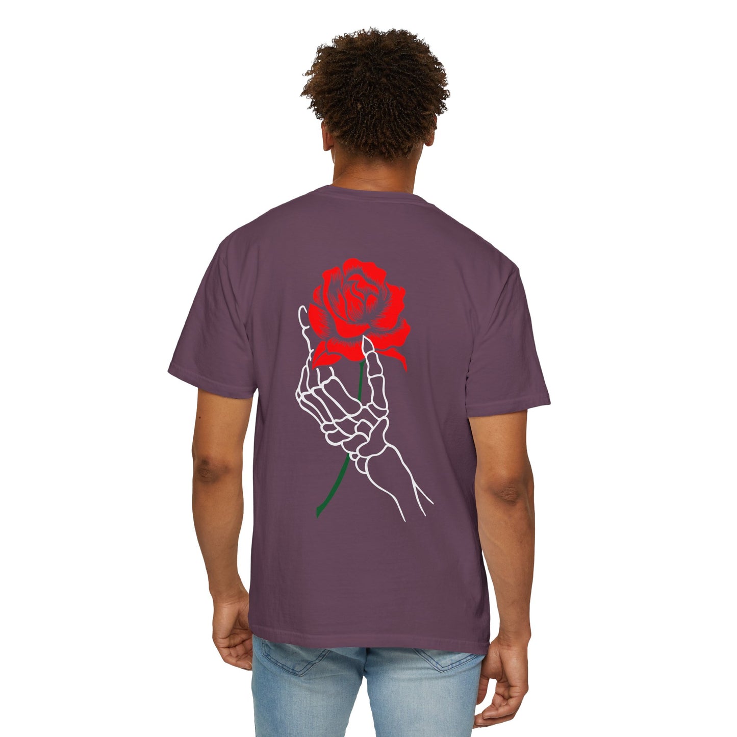 Skeleton Hand Holding Red Rose Graphic Tee