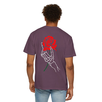 Skeleton Hand Holding Red Rose Graphic Tee