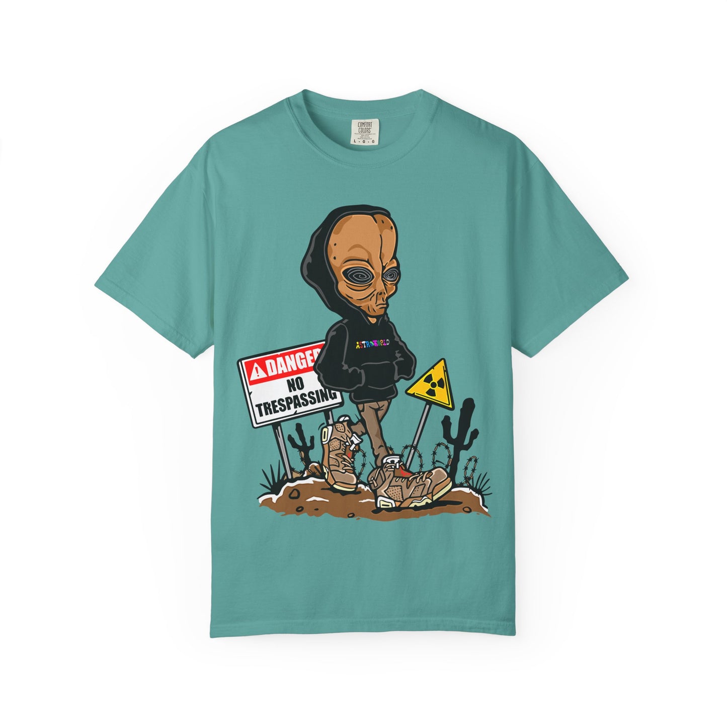 Alien Hooded T-Shirt — "No Trespassing" Desert Graphic