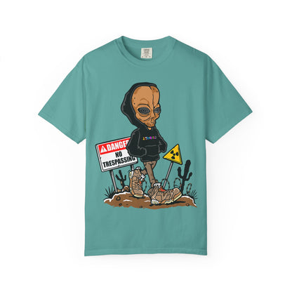 Alien Hooded T-Shirt — "No Trespassing" Desert Graphic