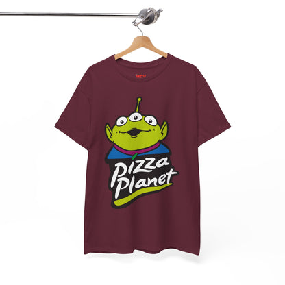 Pizza Planet Alien Graphic Tee — Retro Cartoon Pizza Logo T-Shirt