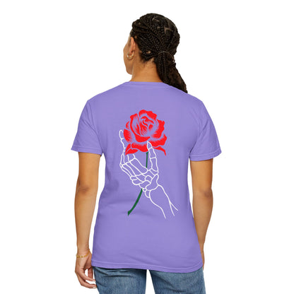 Skeleton Hand Holding Red Rose Graphic Tee