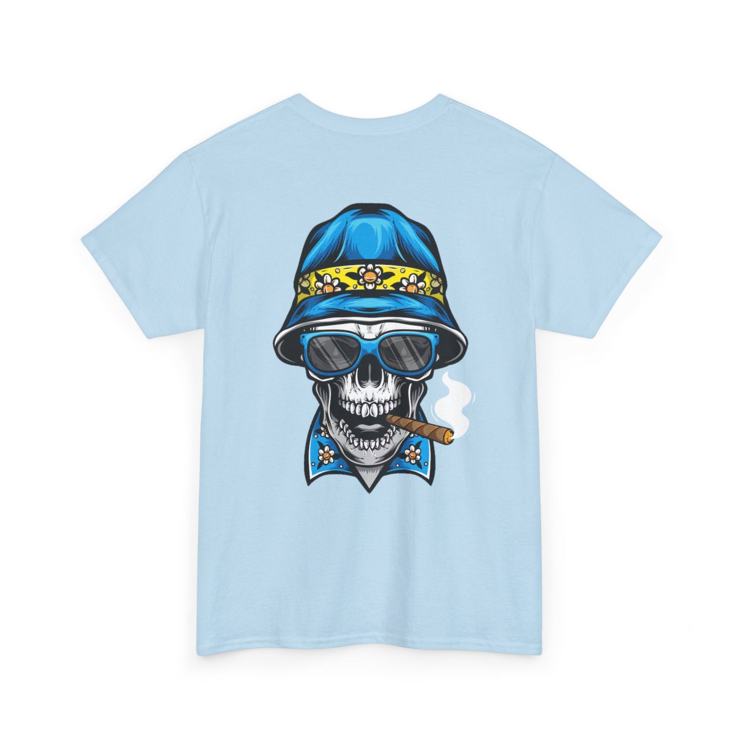 Skull Cigar Tee — Vintage Blue Bucket Hat Graphic T-Shirt