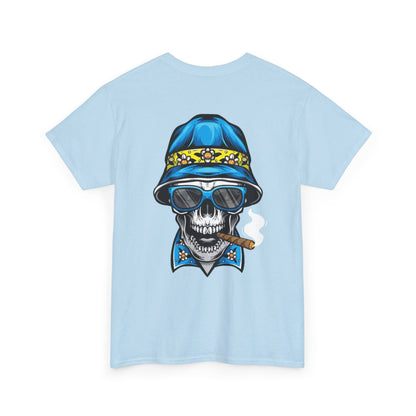 Skull Cigar Tee — Vintage Blue Bucket Hat Graphic T-Shirt