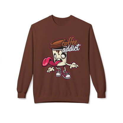 Coffee Addict Crewneck Sweatshirt — Cute Cartoon Coffee Cup Graphic