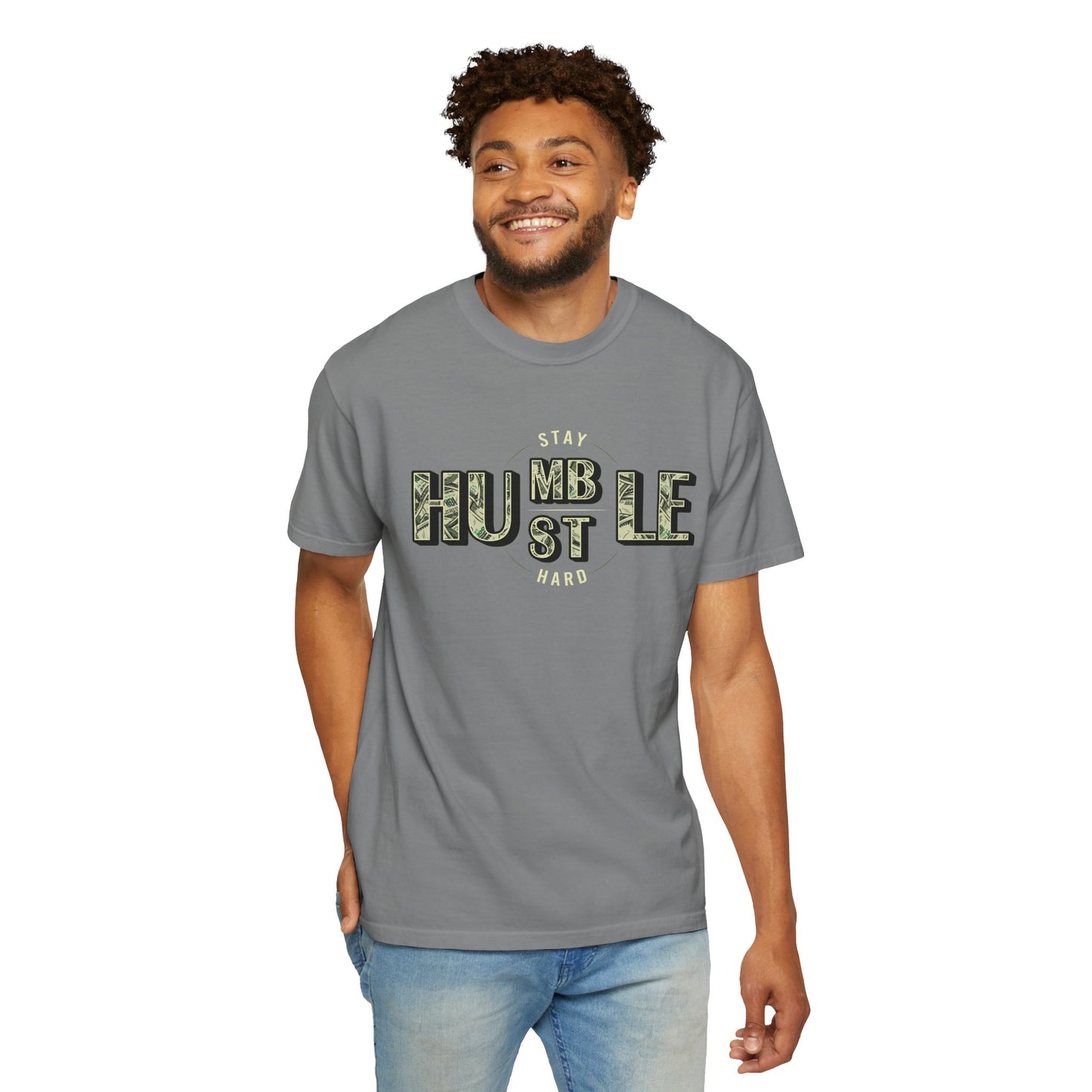 Stay Humble Hustle T-Shirt — Camo Lettering Motivational Tee