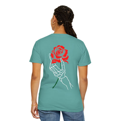 Skeleton Hand Holding Red Rose Graphic Tee