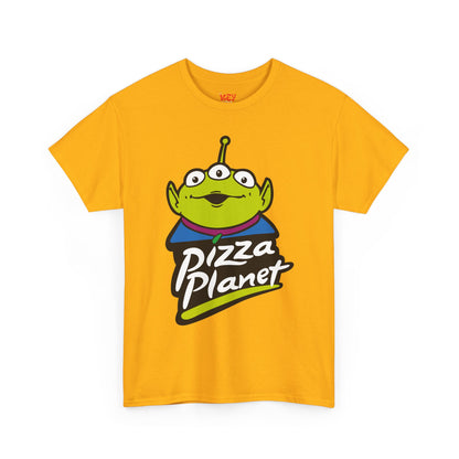 Pizza Planet Alien Graphic Tee — Retro Cartoon Pizza Logo T-Shirt