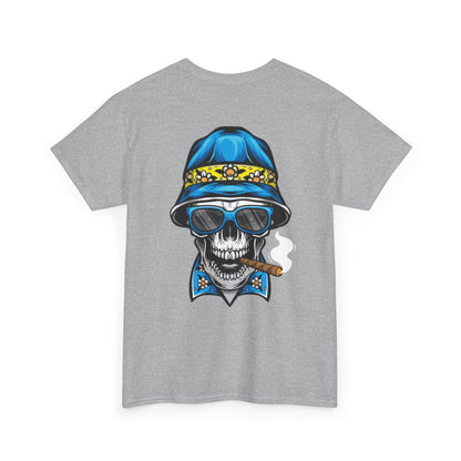 Skull Cigar Tee — Vintage Blue Bucket Hat Graphic T-Shirt
