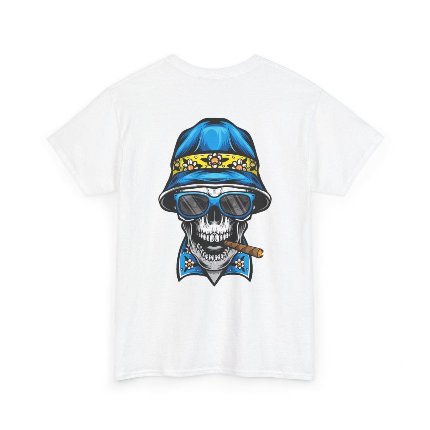 Skull Cigar Tee — Vintage Blue Bucket Hat Graphic T-Shirt