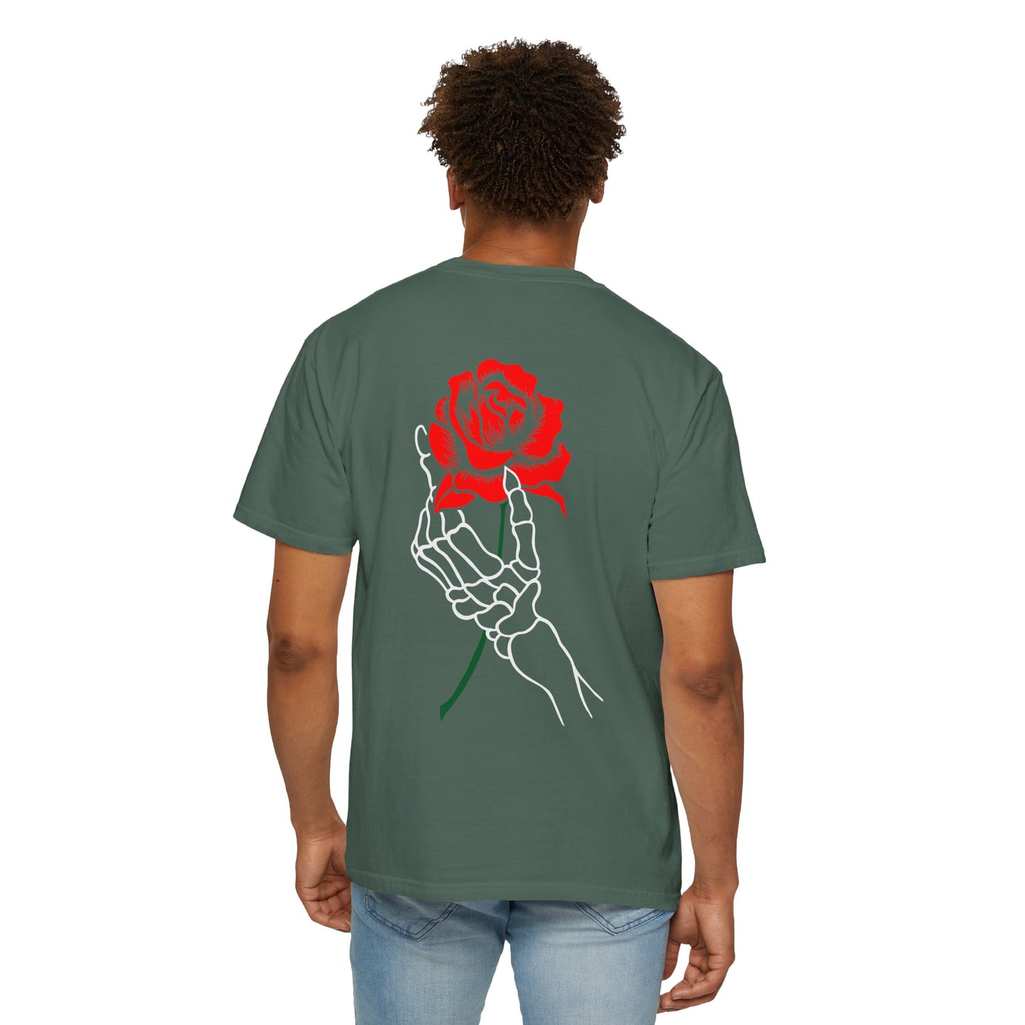 Skeleton Hand Holding Red Rose Graphic Tee