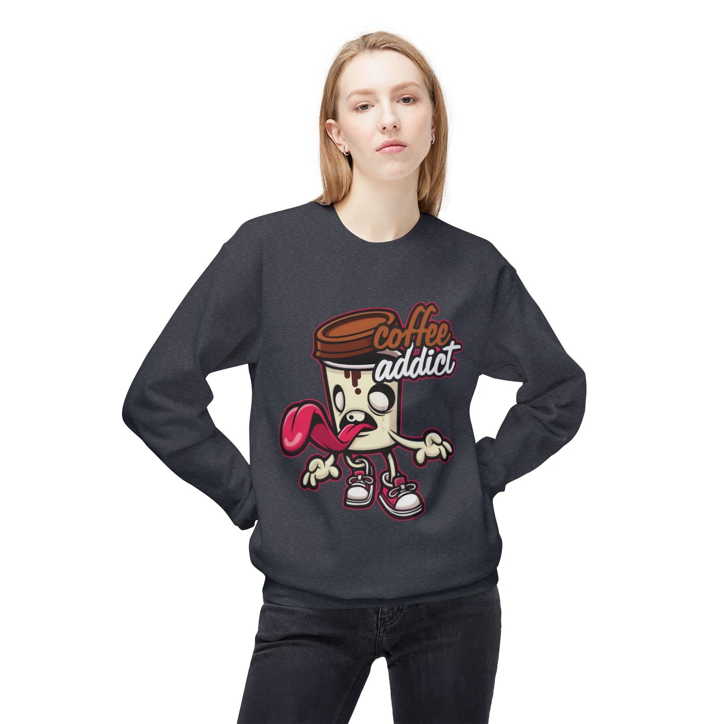 Coffee Addict Crewneck Sweatshirt — Cute Cartoon Coffee Cup Graphic