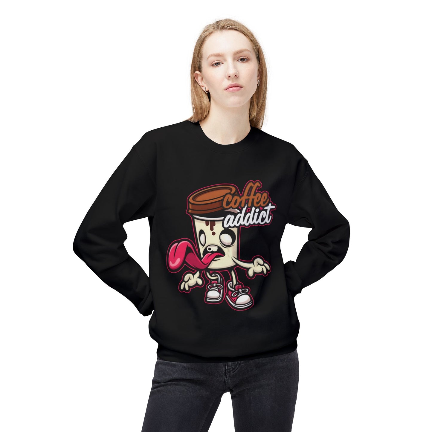 Coffee Addict Crewneck Sweatshirt — Cute Cartoon Coffee Cup Graphic