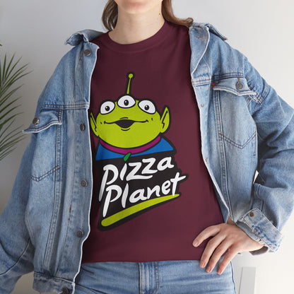 Pizza Planet Alien Graphic Tee — Retro Cartoon Pizza Logo T-Shirt