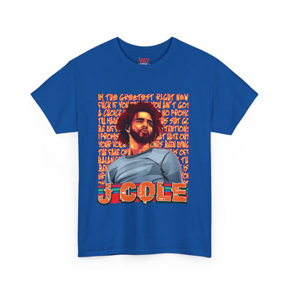 J Cole Graphic Tee — Retro Portrait with 'J-Cole' Text