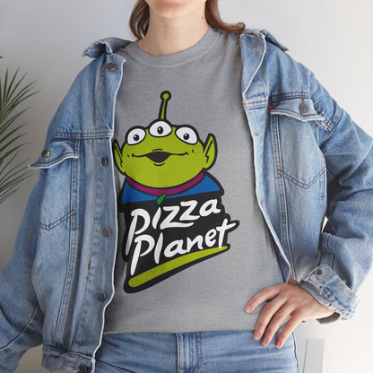 Pizza Planet Alien Graphic Tee — Retro Cartoon Pizza Logo T-Shirt