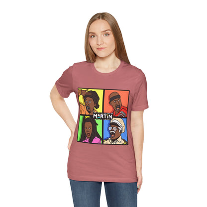 Retro TV Cast Graphic Tee — "Martin" Pop Art Squares