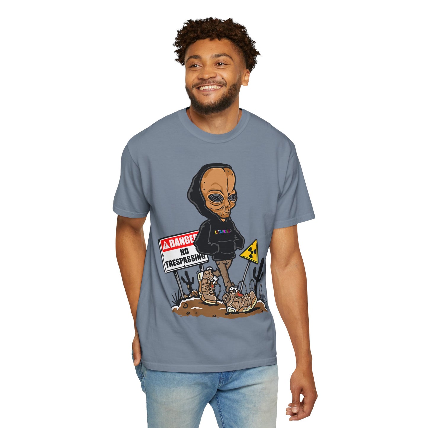 Alien Hooded T-Shirt — "No Trespassing" Desert Graphic