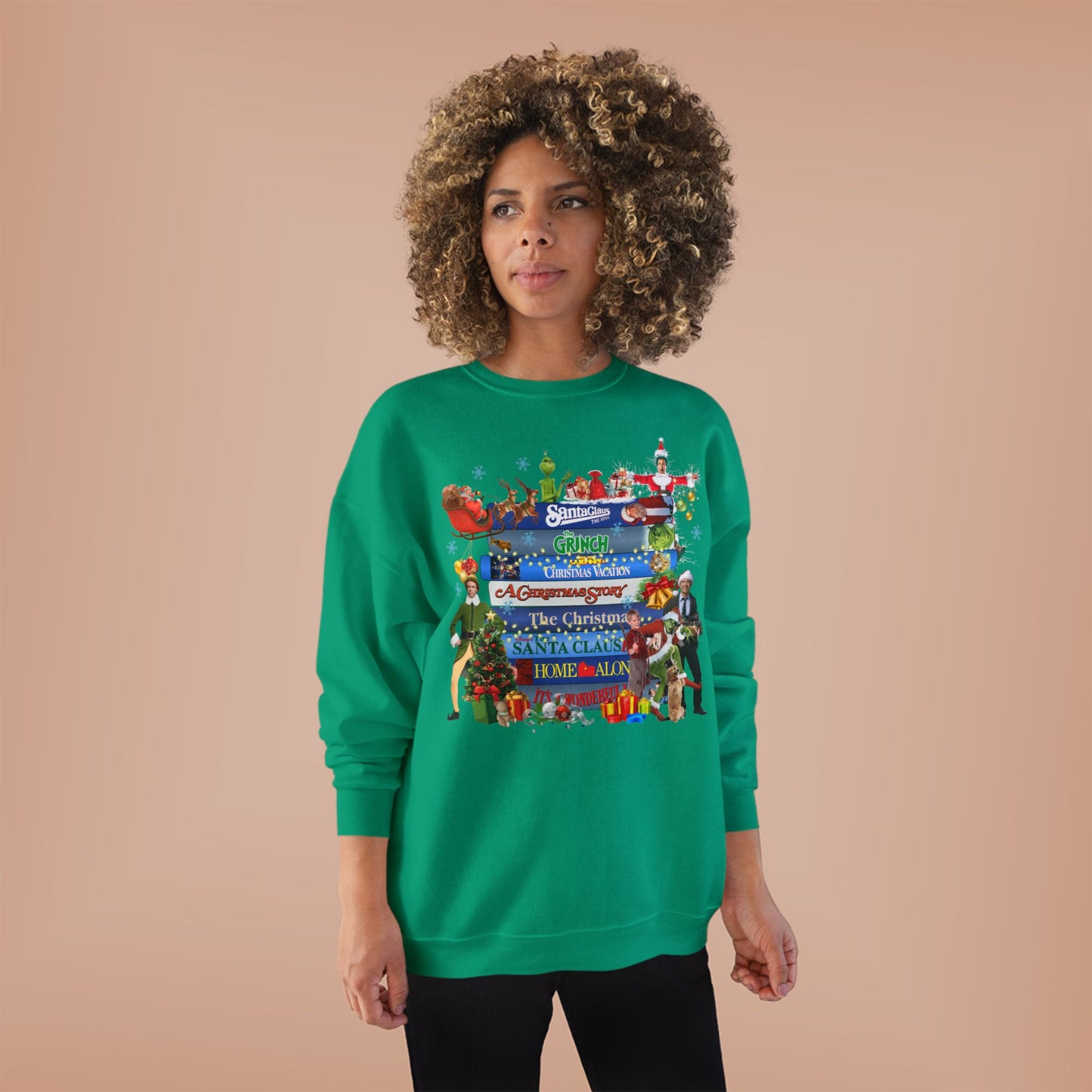 Christmas Movie Stack Crewneck Sweatshirt — Holiday Classics Sign Design
