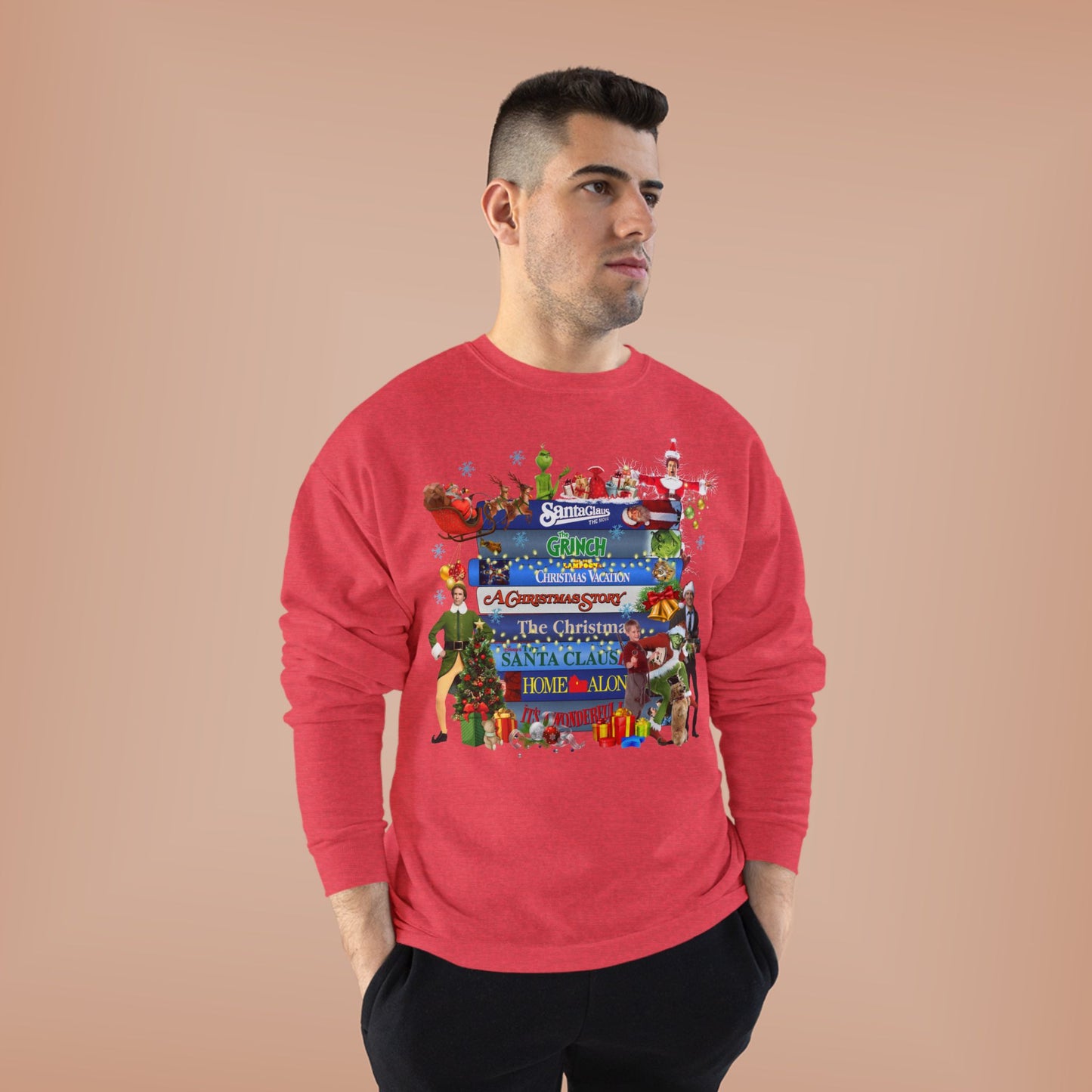 Christmas Movie Stack Crewneck Sweatshirt — Holiday Classics Sign Design