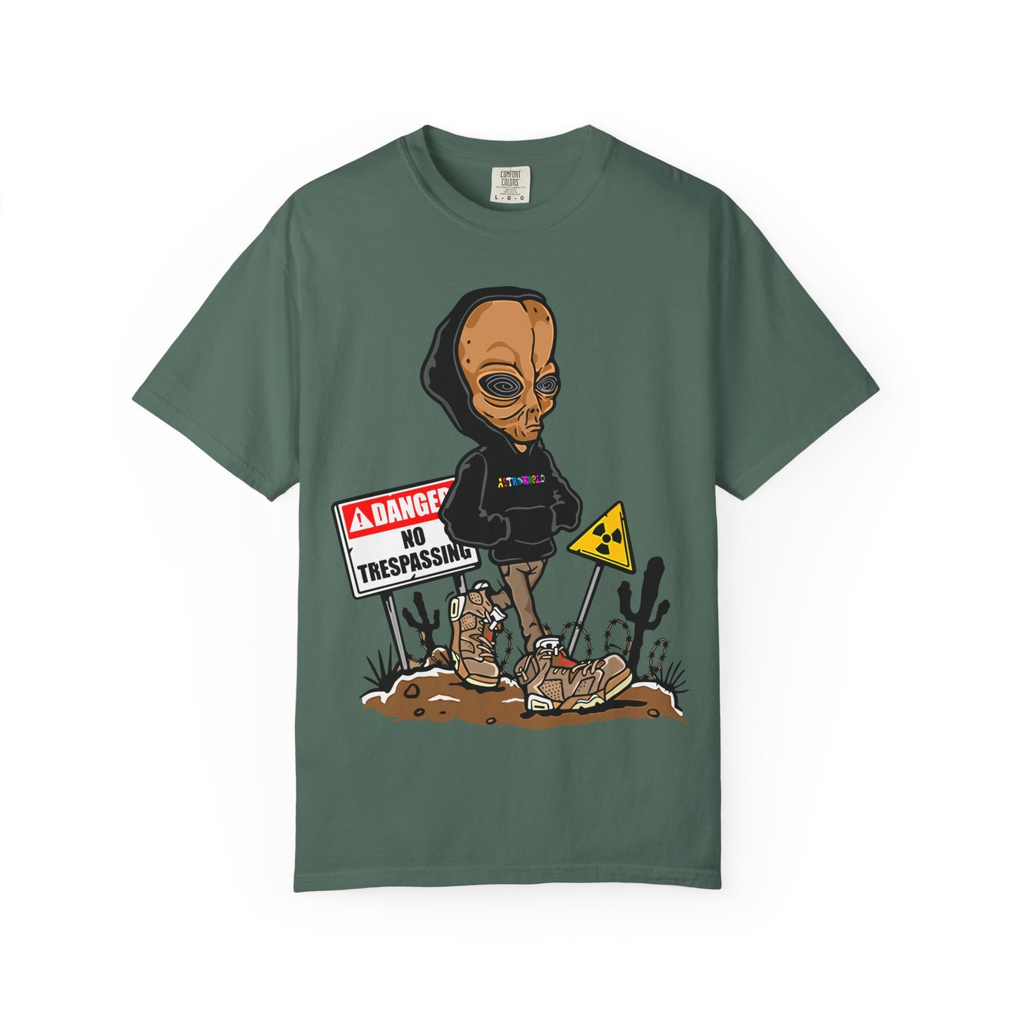 Alien Hooded T-Shirt — "No Trespassing" Desert Graphic