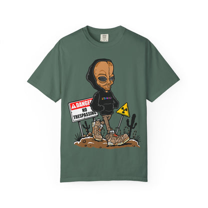Alien Hooded T-Shirt — "No Trespassing" Desert Graphic