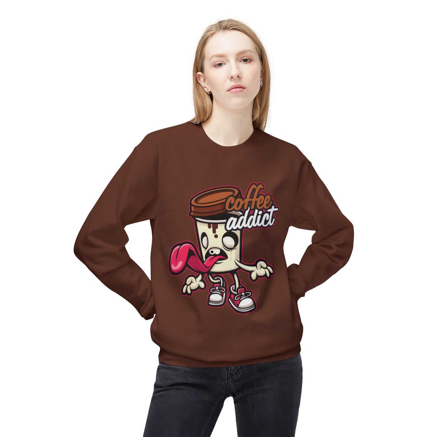 Coffee Addict Crewneck Sweatshirt — Cute Cartoon Coffee Cup Graphic