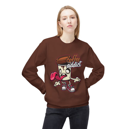 Coffee Addict Crewneck Sweatshirt — Cute Cartoon Coffee Cup Graphic