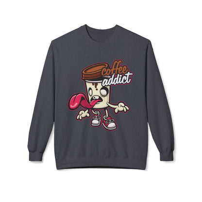 Coffee Addict Crewneck Sweatshirt — Cute Cartoon Coffee Cup Graphic