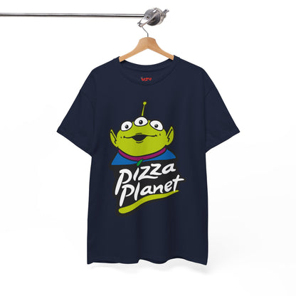 Pizza Planet Alien Graphic Tee — Retro Cartoon Pizza Logo T-Shirt