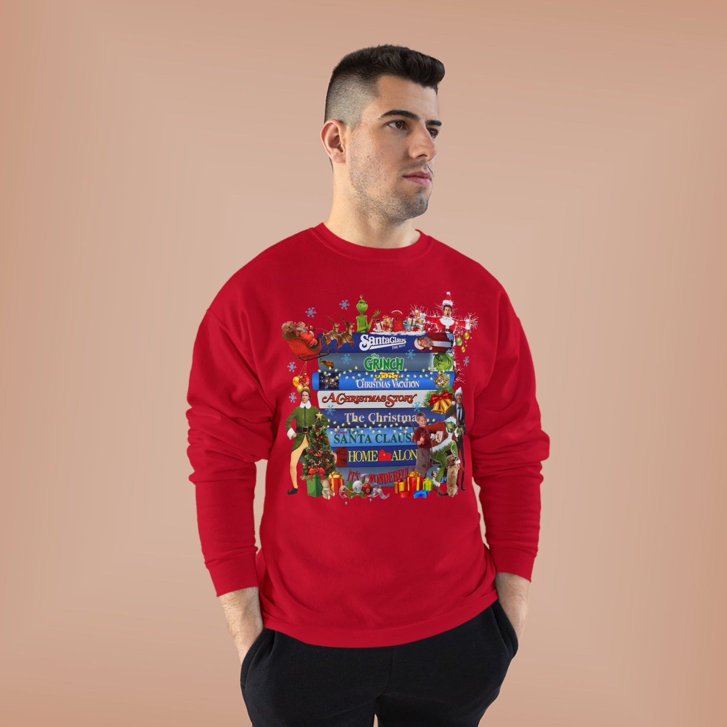 Christmas Movie Stack Crewneck Sweatshirt — Holiday Classics Sign Design