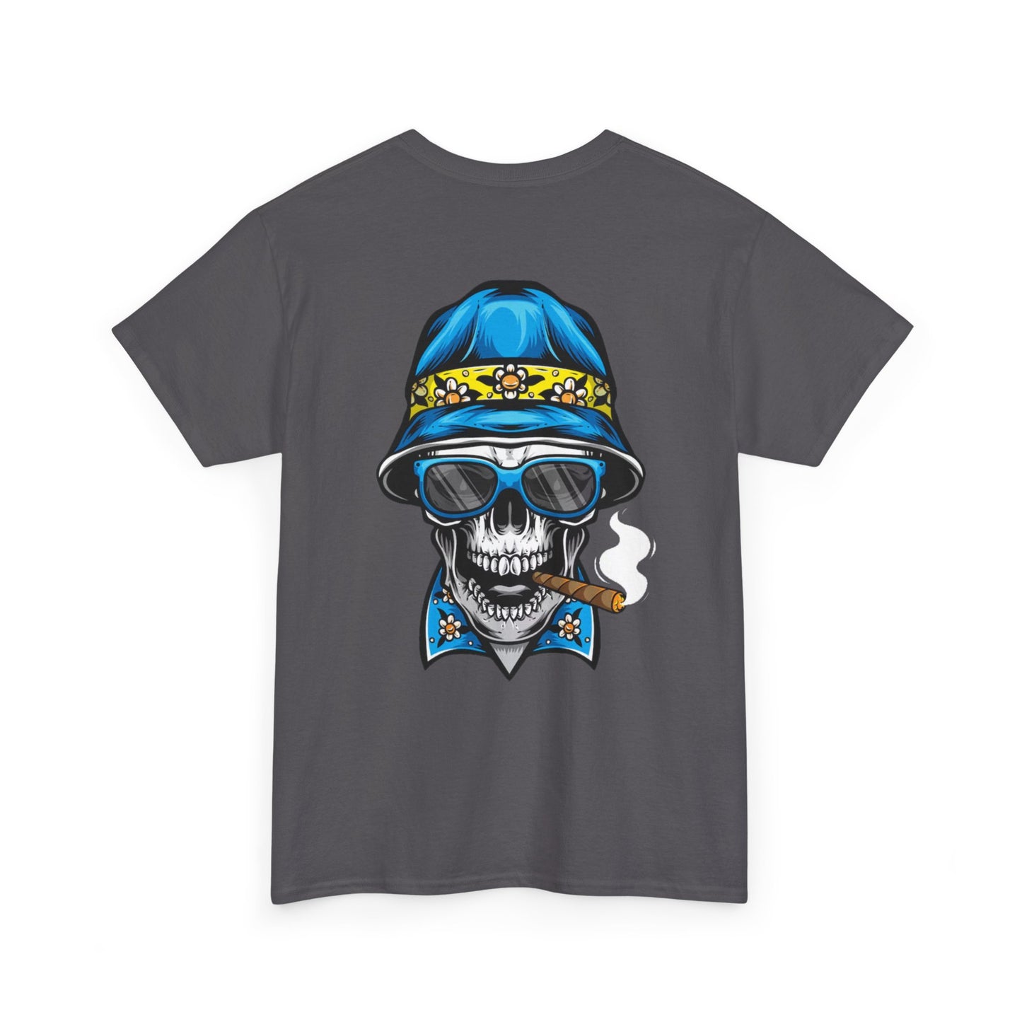 Skull Cigar Tee — Vintage Blue Bucket Hat Graphic T-Shirt