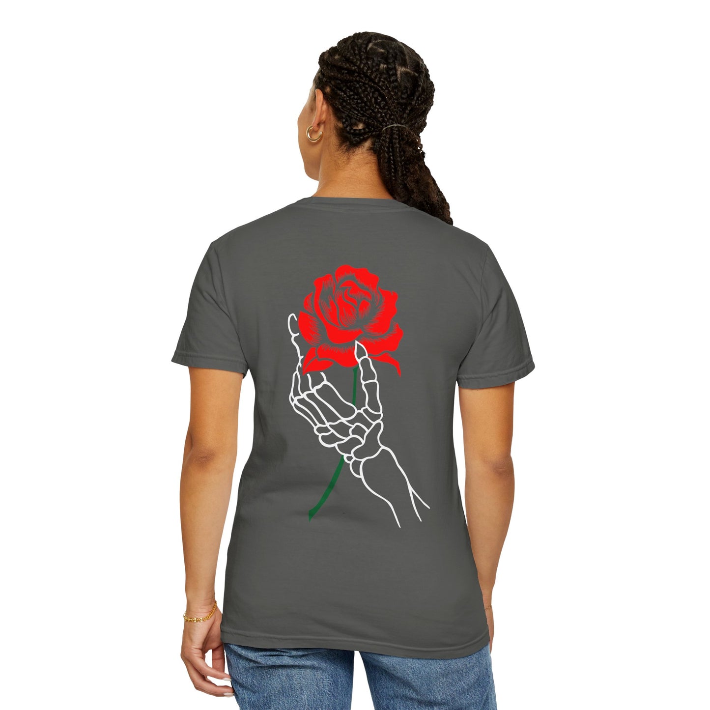 Skeleton Hand Holding Red Rose Graphic Tee