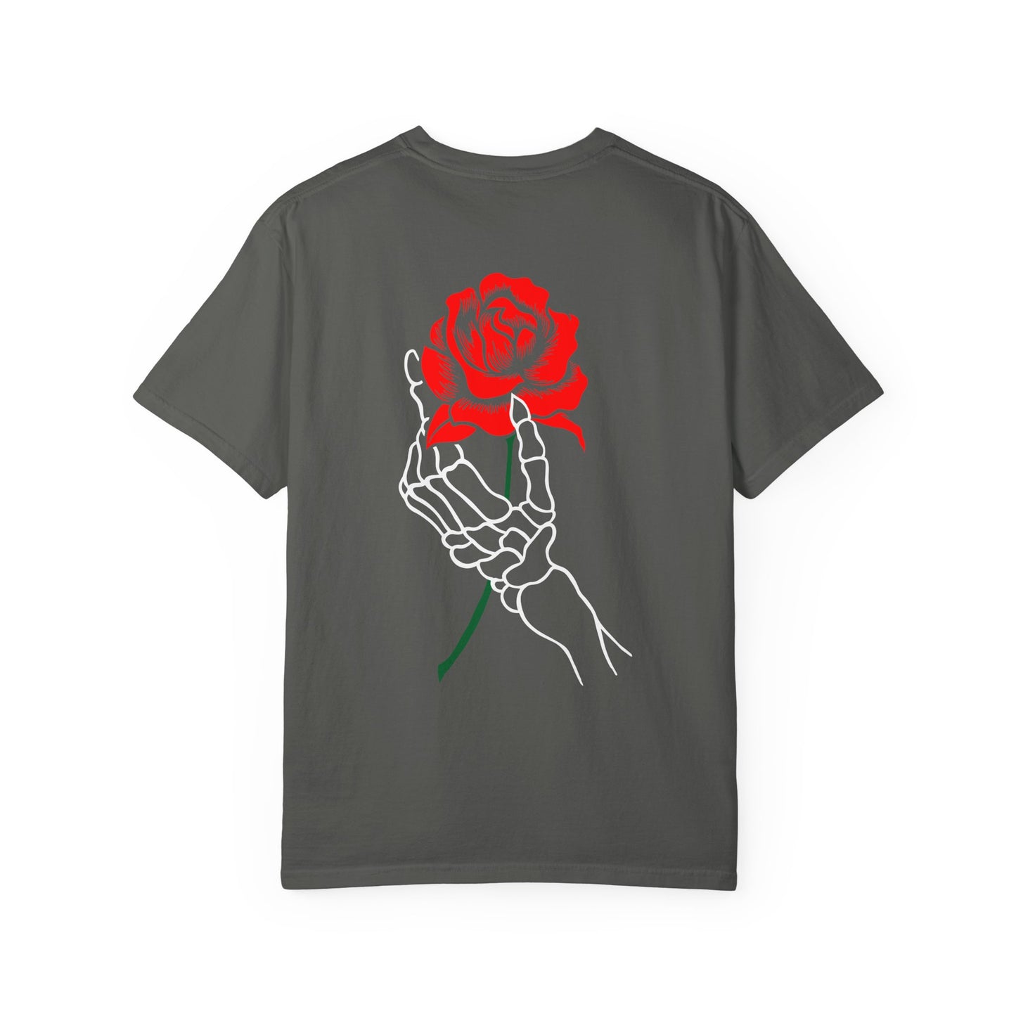 Skeleton Hand Holding Red Rose Graphic Tee
