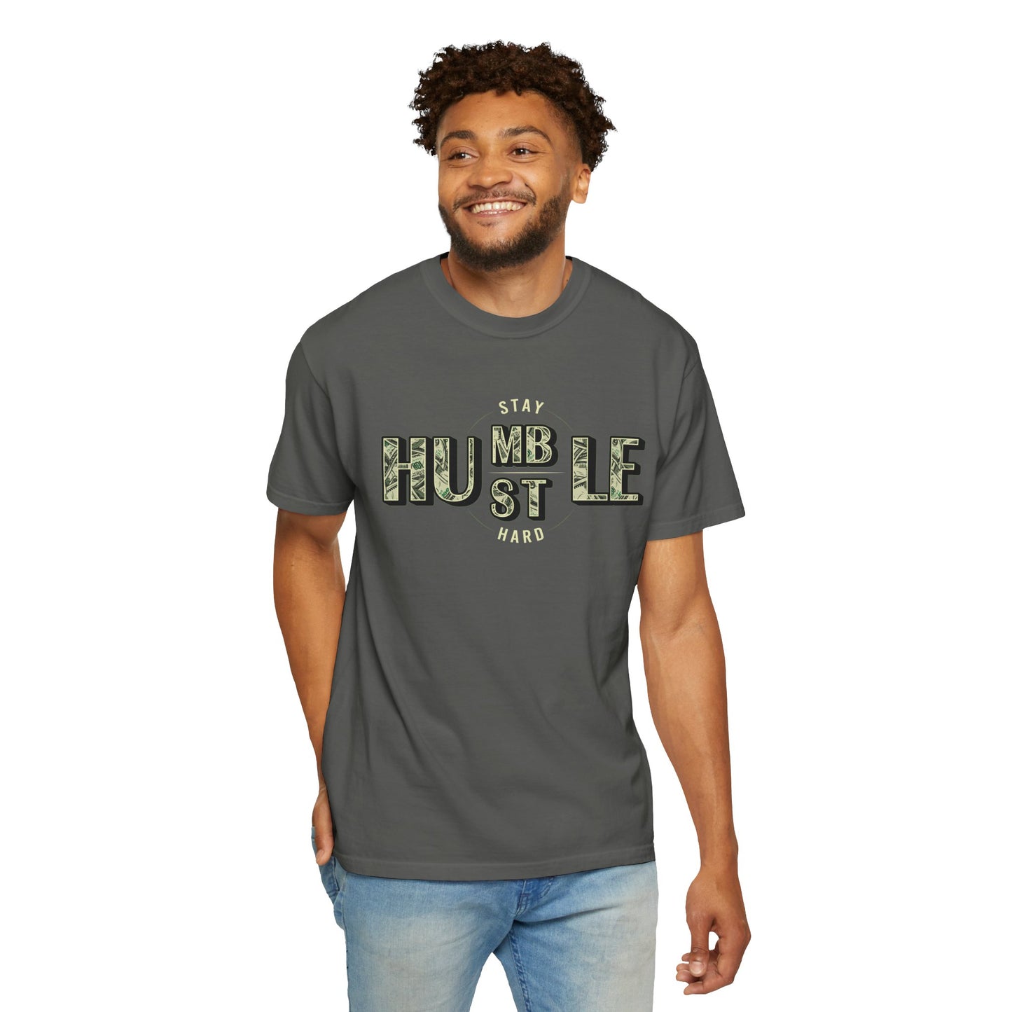 Stay Humble Hustle T-Shirt — Camo Lettering Motivational Tee