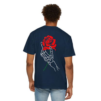 Skeleton Hand Holding Red Rose Graphic Tee