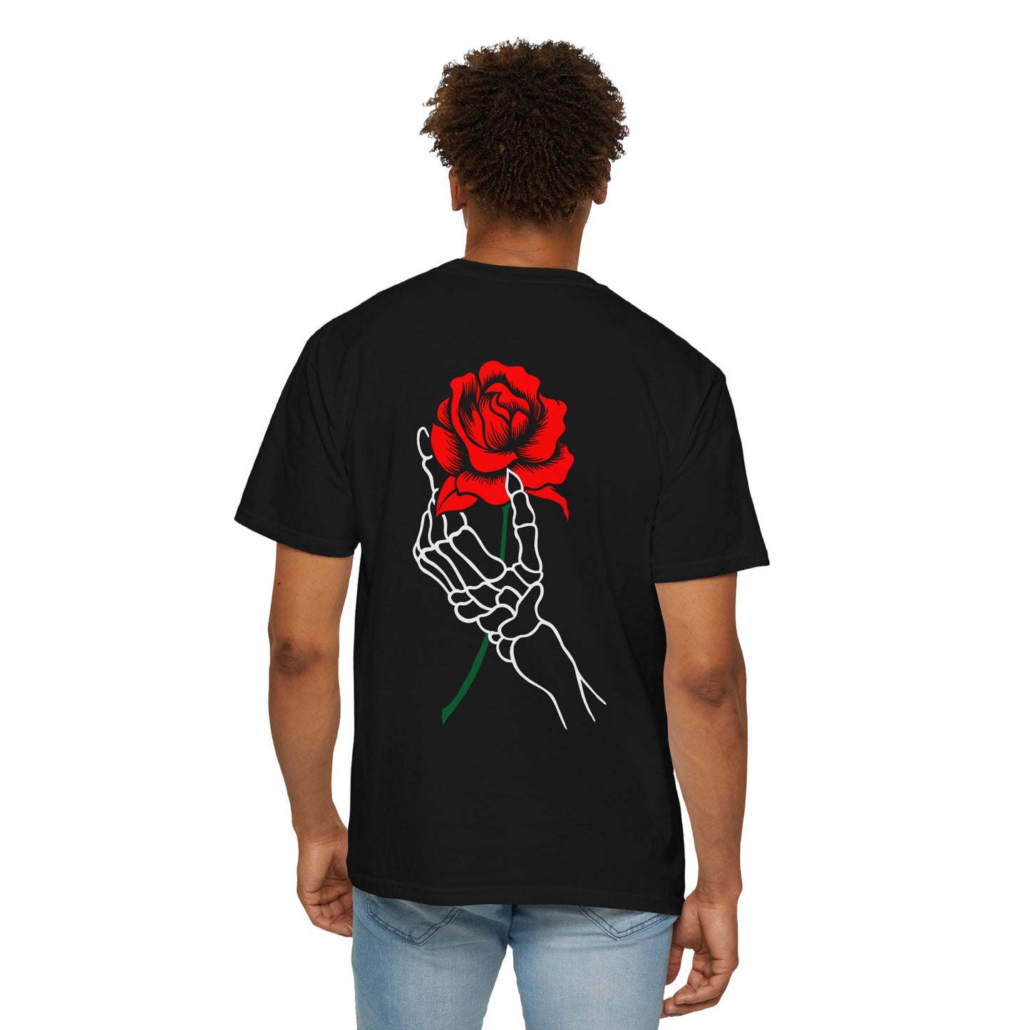 Skeleton Hand Holding Red Rose Graphic Tee