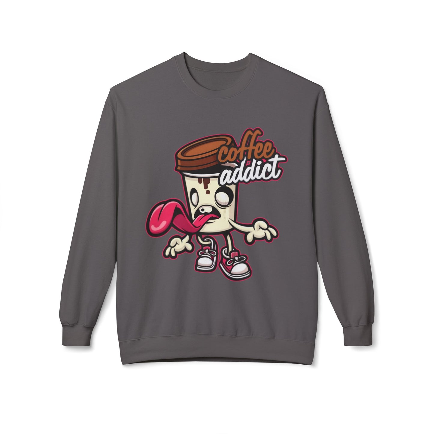 Coffee Addict Crewneck Sweatshirt — Cute Cartoon Coffee Cup Graphic