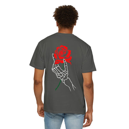 Skeleton Hand Holding Red Rose Graphic Tee