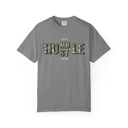 Stay Humble Hustle T-Shirt — Camo Lettering Motivational Tee