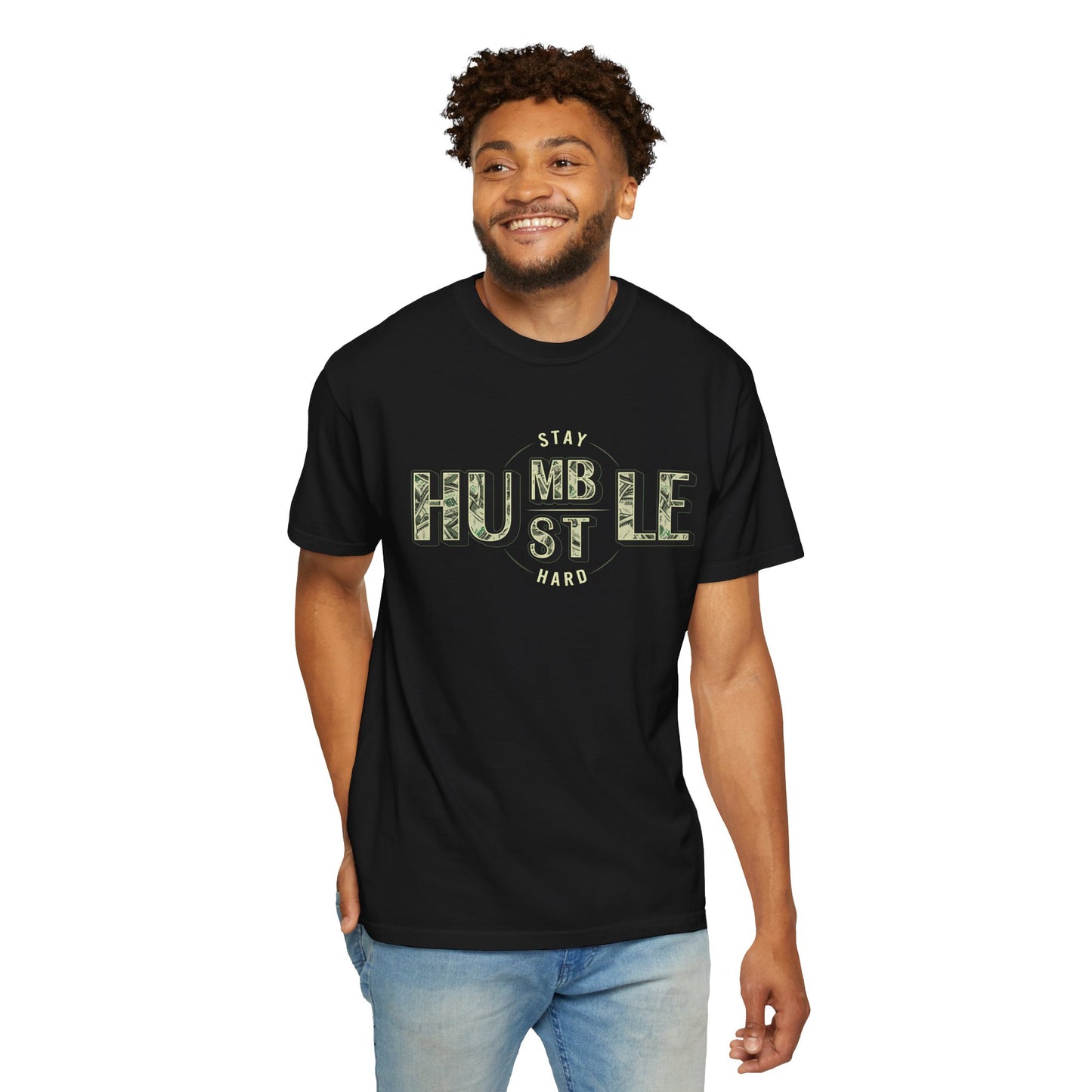 Stay Humble Hustle T-Shirt — Camo Lettering Motivational Tee