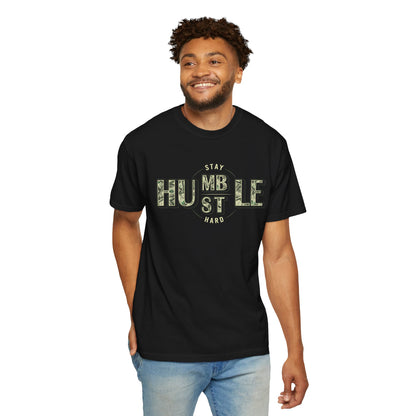 Stay Humble Hustle T-Shirt — Camo Lettering Motivational Tee