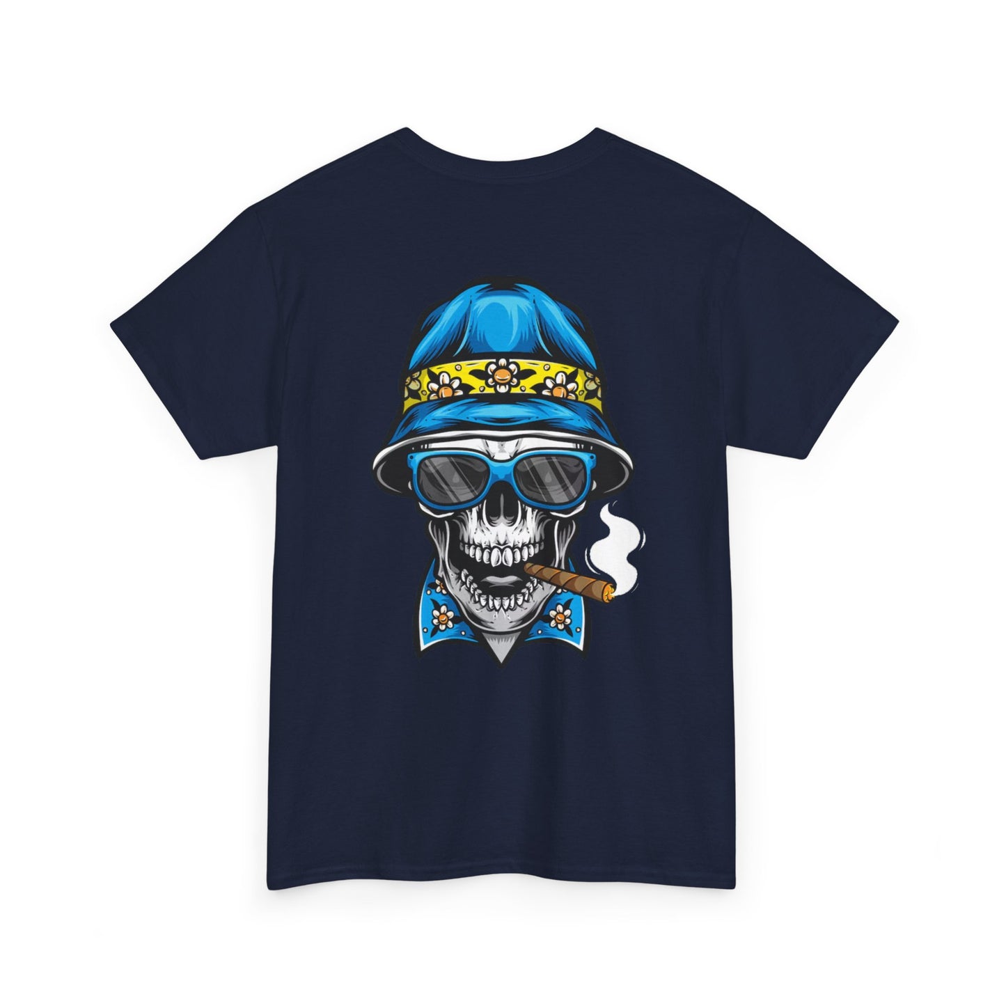 Skull Cigar Tee — Vintage Blue Bucket Hat Graphic T-Shirt